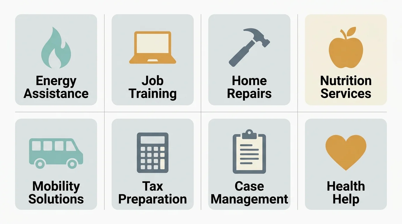 An elegant grid diagram showcasing the eight core service categories of Community Action Agencies with simple icons.