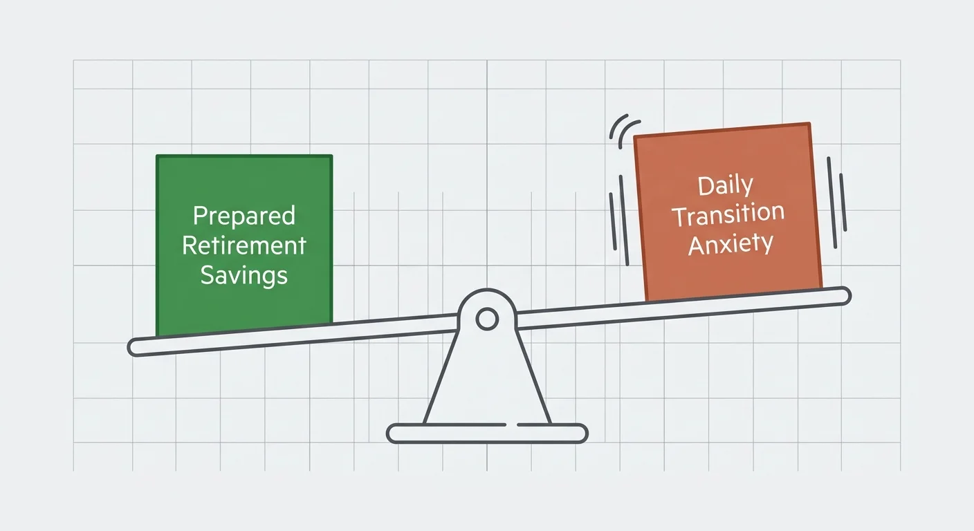 An elegant line-art diagram showing a scale balancing 'Prepared Retirement Savings' against 'Daily Transition Anxiety'.