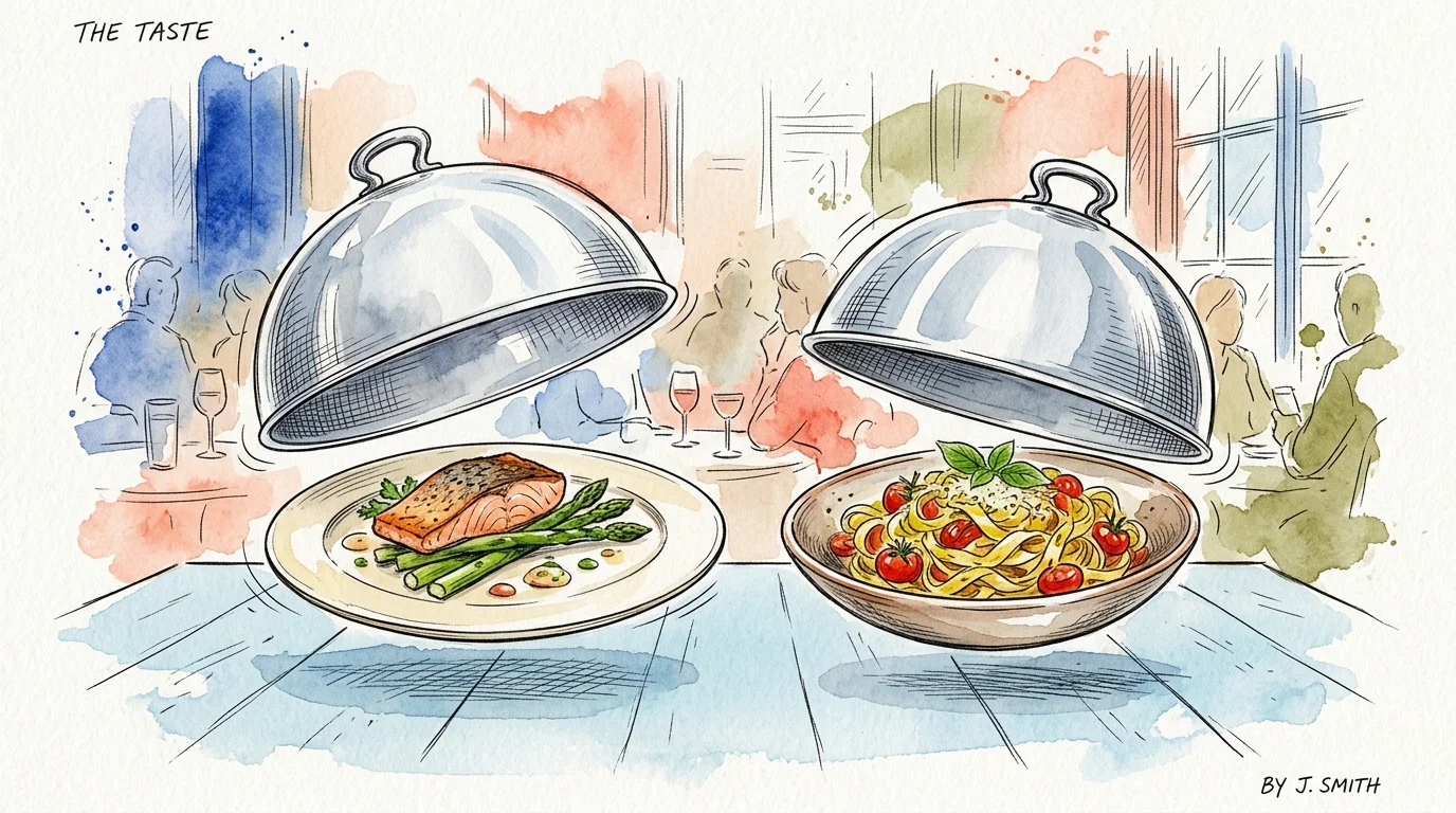 An elegant watercolor sketch of gourmet, chef-prepared meals under silver cloches, representing premium senior delivery.