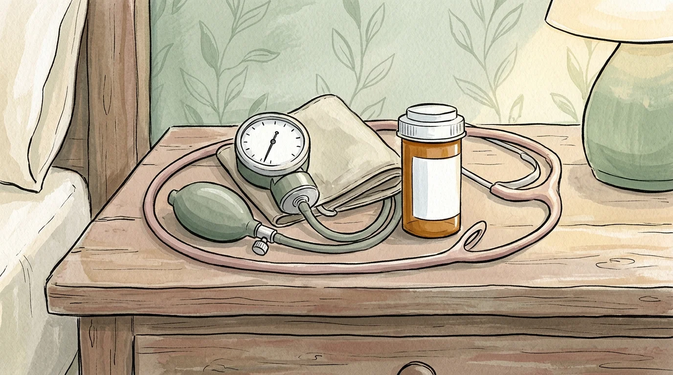 An illustration of a blood pressure monitor, a stethoscope, and an amber medicine bottle sitting on a bedside table.