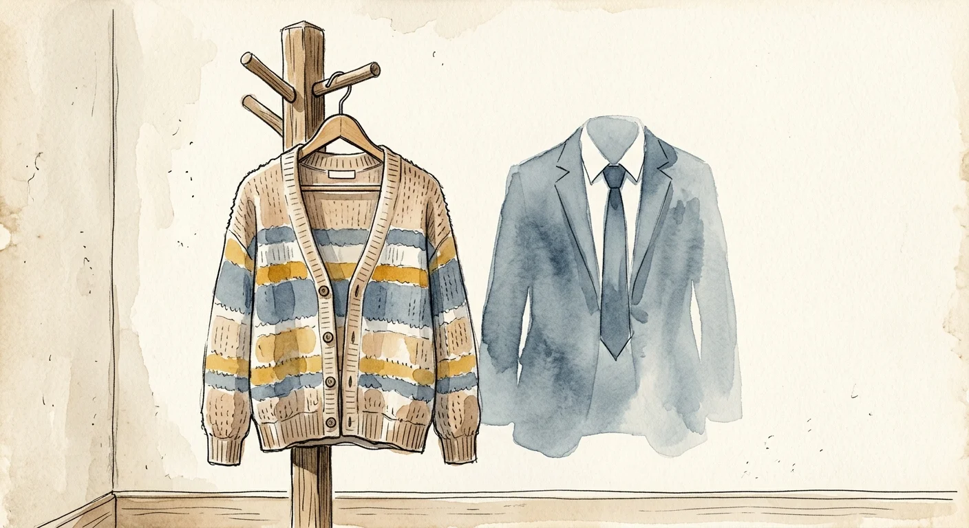 An illustration of a casual cardigan casting a shadow shaped like a professional business suit blazer.