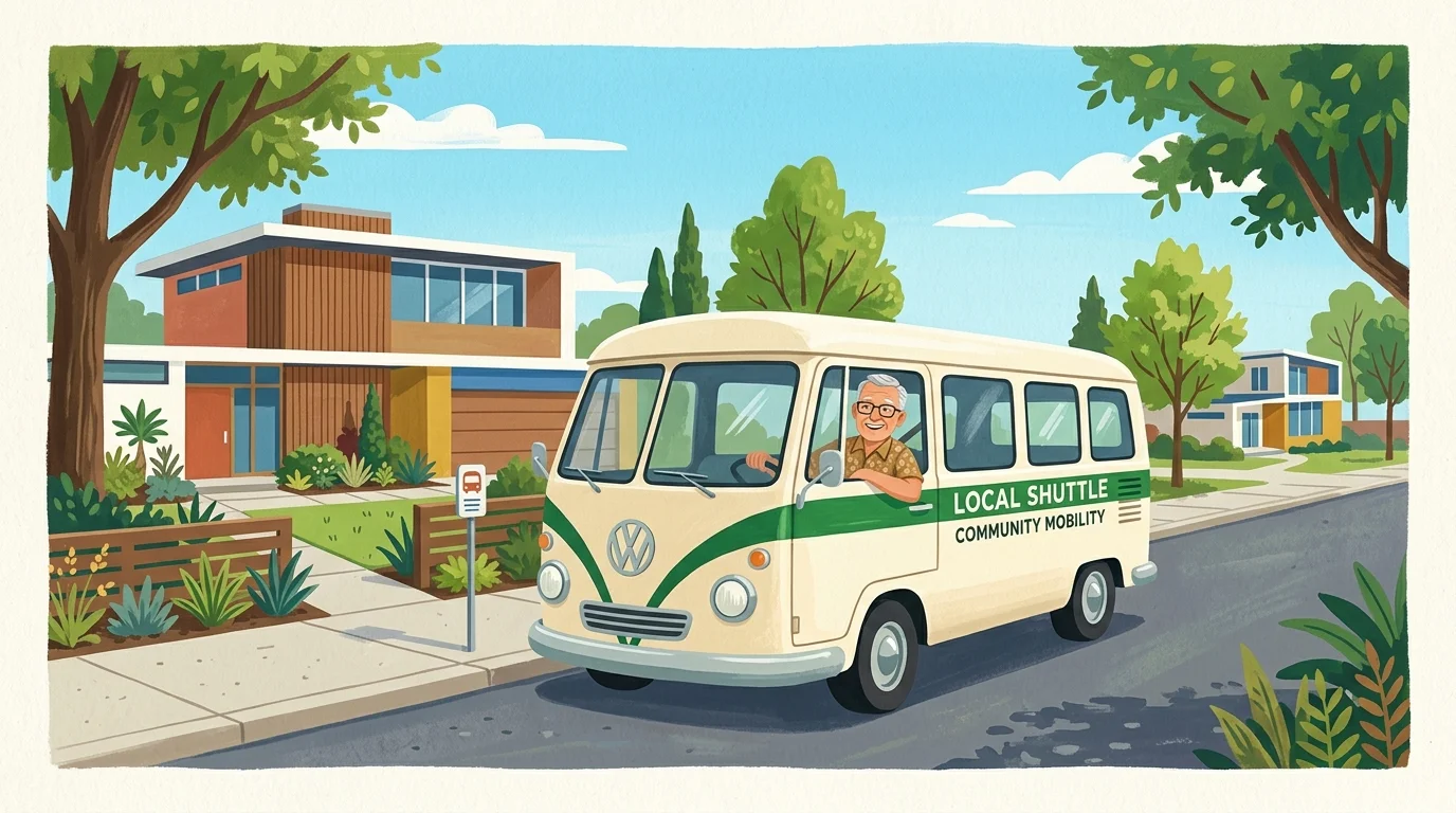 An illustration of a clean neighborhood transit shuttle with a smiling senior passenger looking out the window.
