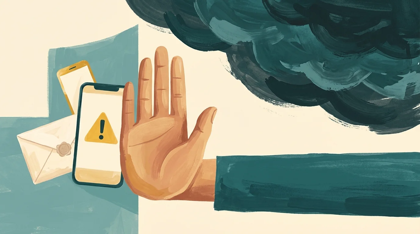 An illustration of a protective hand shielding personal documents and a phone from a warning storm cloud.