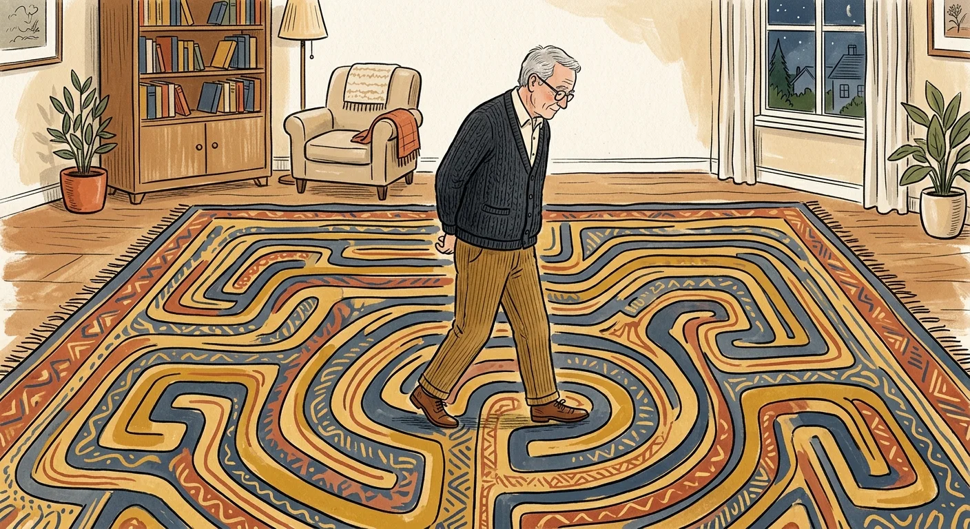 An illustration of a retired man pacing across a carpet that is shaped like a complex maze.