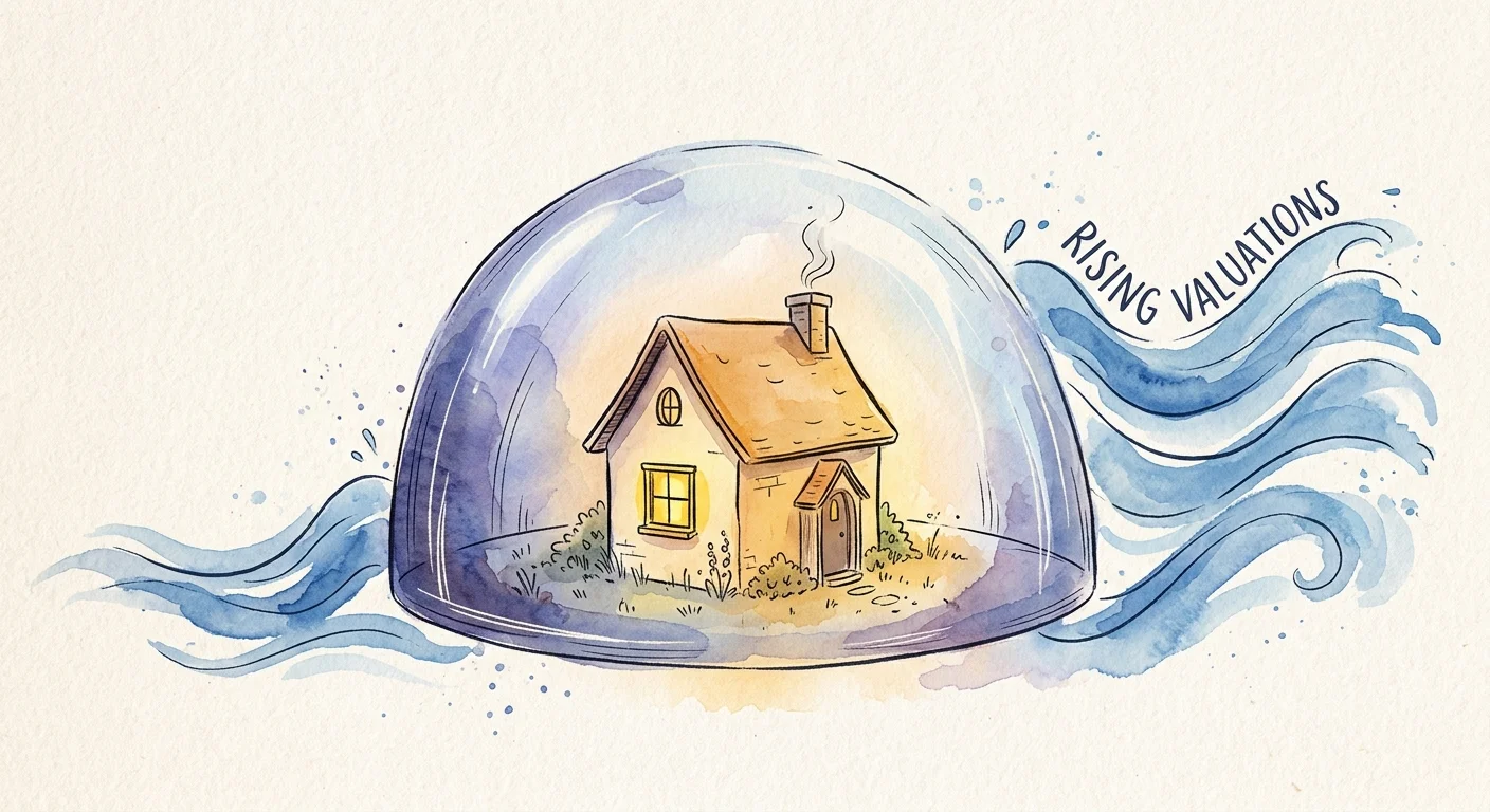 An illustration of a small cottage protected from rising waves by a transparent glass dome.