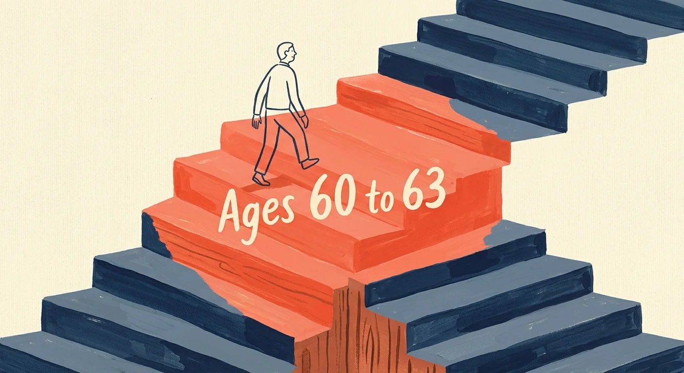 An illustration of a staircase with a bright coral middle section labeled 'Ages 60 to 63' where a figure climbs upward.