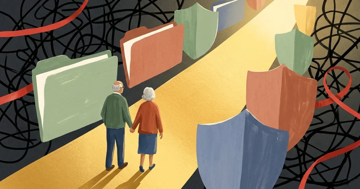 An illustration of an older couple walking along a clear golden path that cuts through a dark, tangled maze of abstract lines.