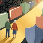 An illustration of an older couple walking along a clear golden path that cuts through a dark, tangled maze of abstract lines.
