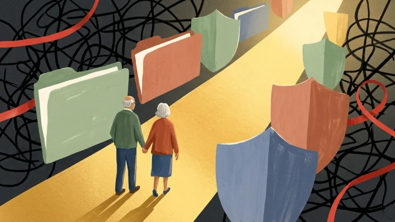 An illustration of an older couple walking along a clear golden path that cuts through a dark, tangled maze of abstract lines.