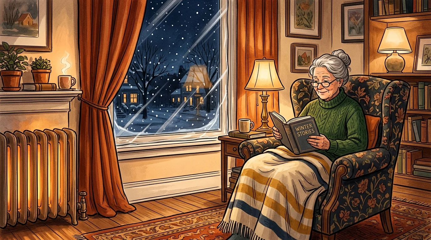 An illustration of an older woman reading in a warm, cozy room with insulated windows and a radiating heater.