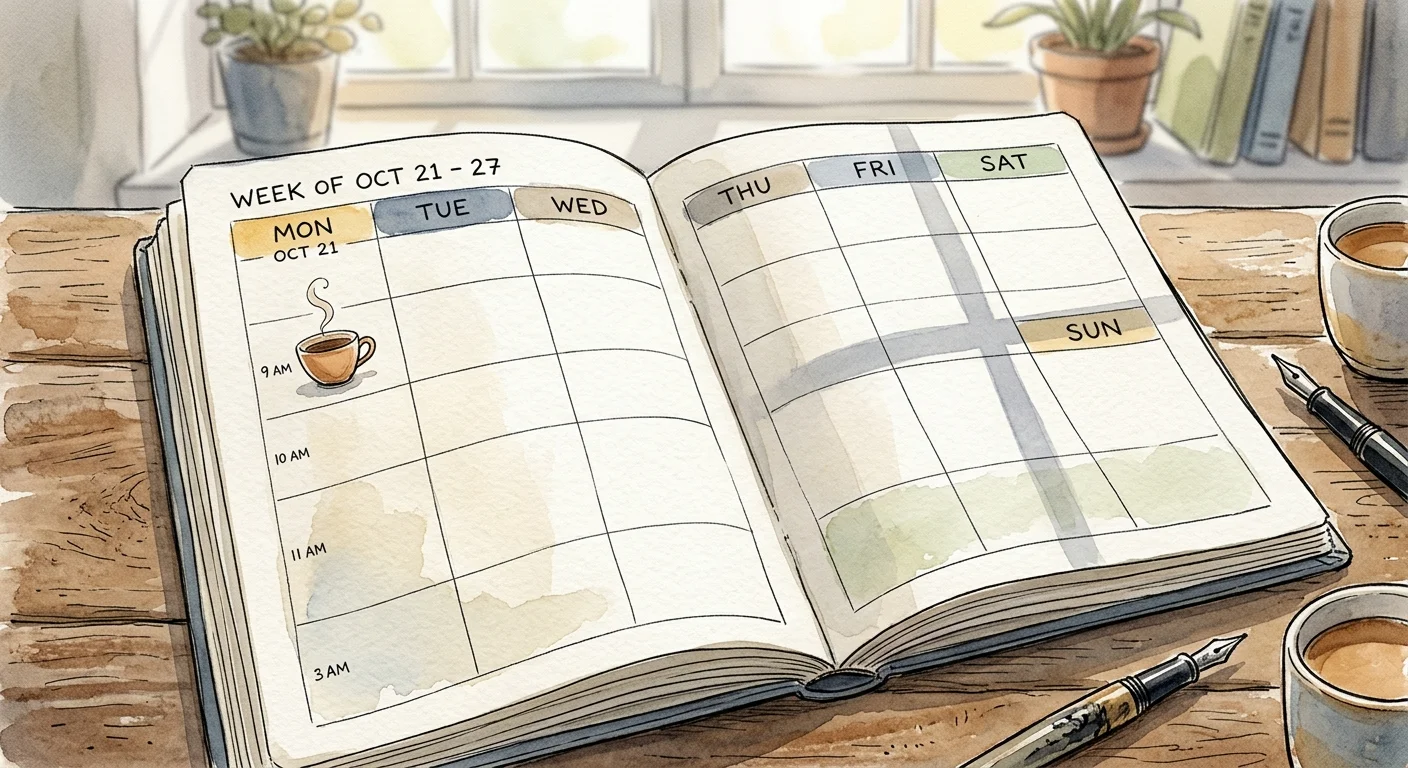 An illustration of an open weekly calendar with empty pages, symbolizing a loss of daily routine.
