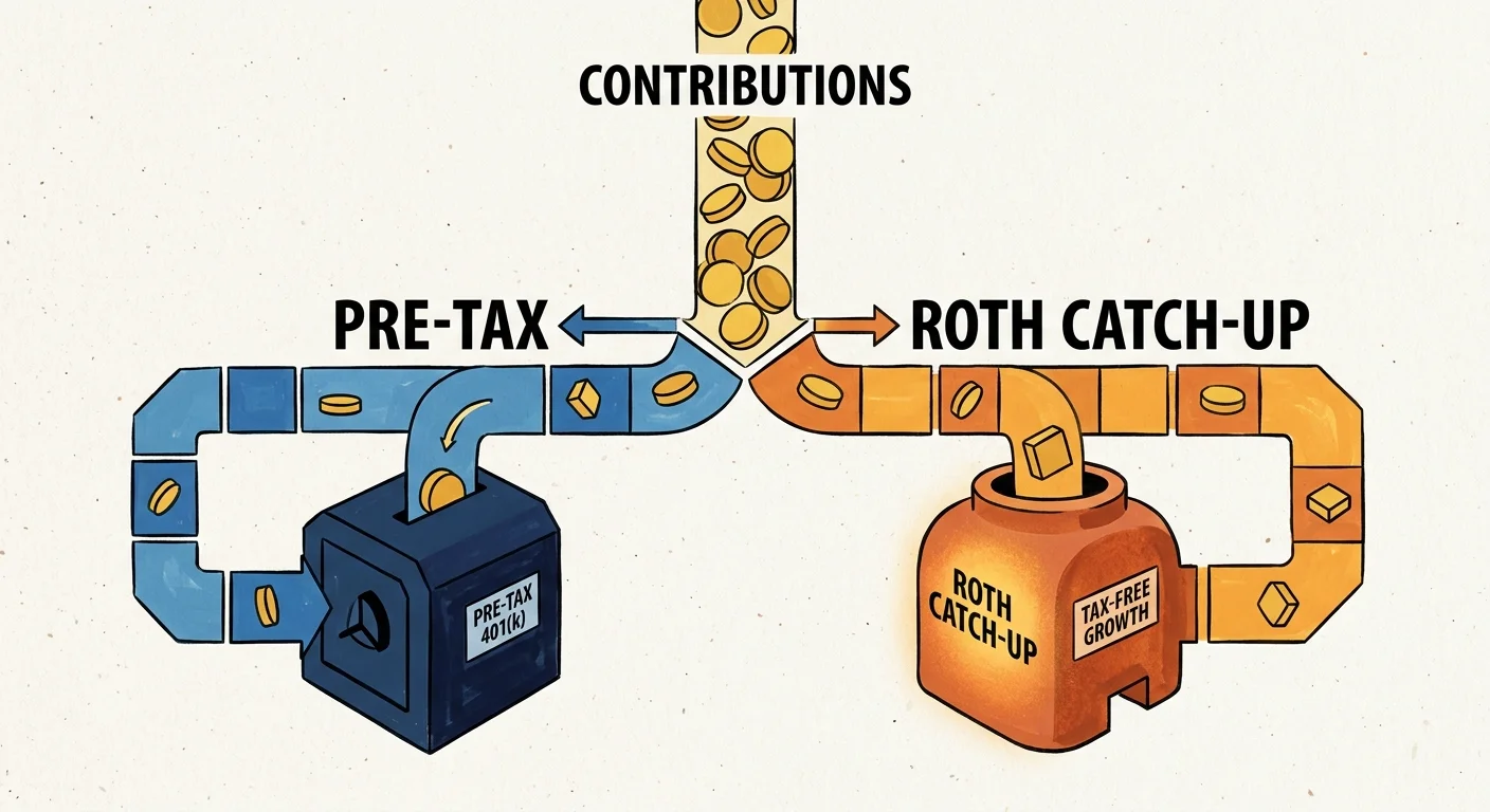 An illustration showing a stream of coins splitting into two paths labeled 'Pre-Tax' and 'Roth Catch-Up' leading to different vessels.