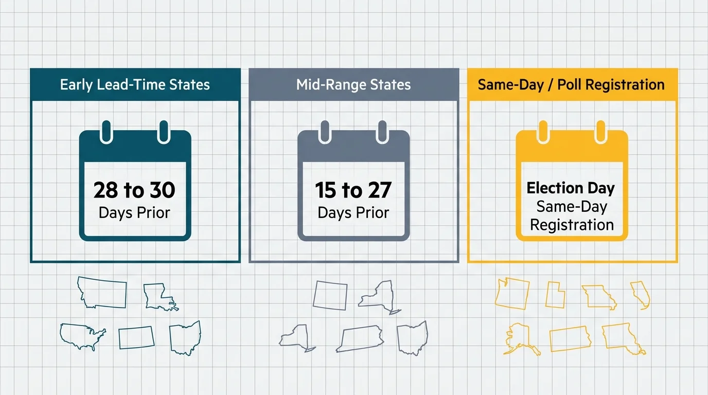An infographic chart comparing three registration deadline categories: Early Lead-Time, Mid-Range, and Same-Day registration.