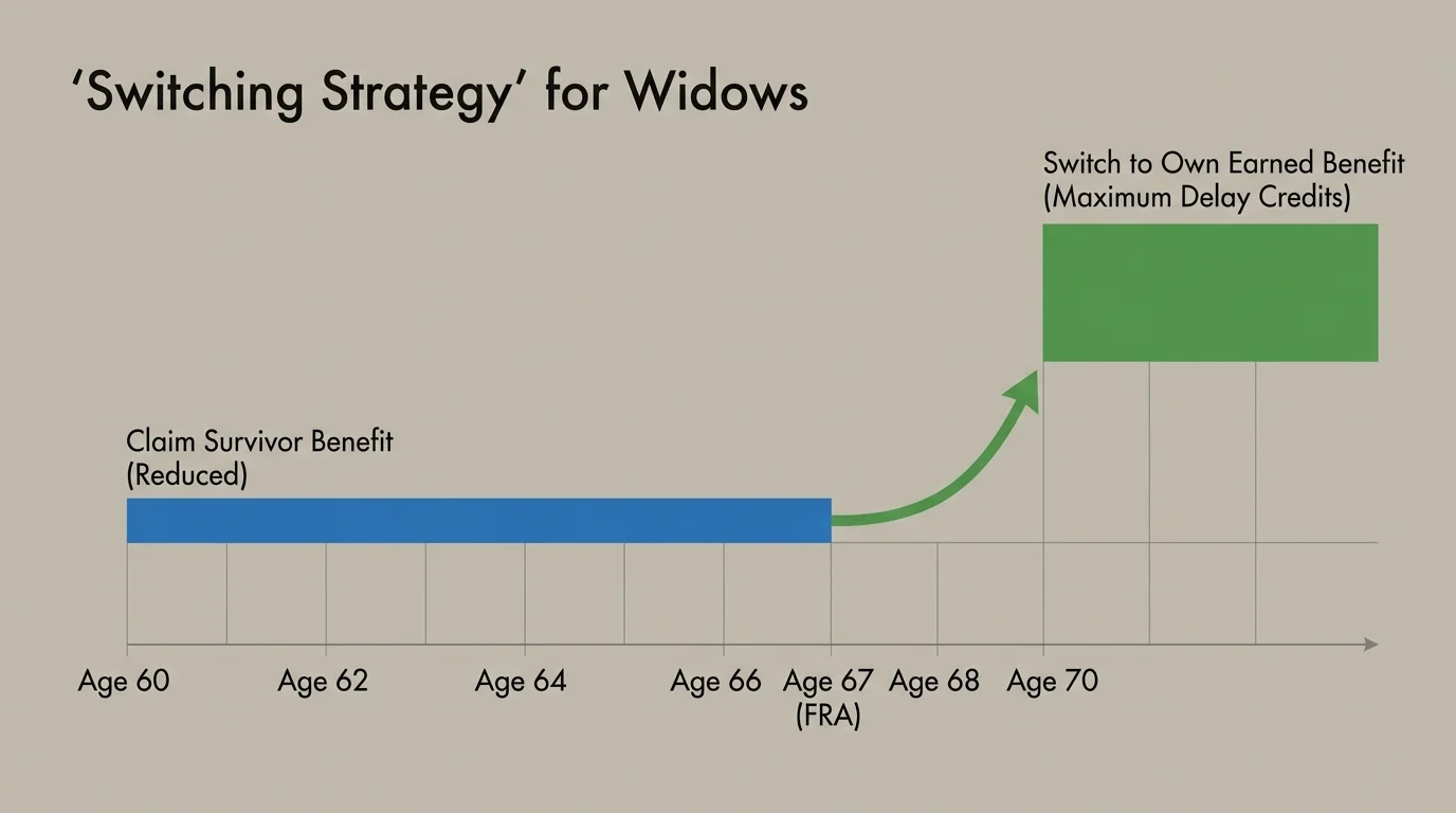 An infographic flowchart showing the strategy of claiming survivor benefits early and switching to one's own retirement benefit at age 70.