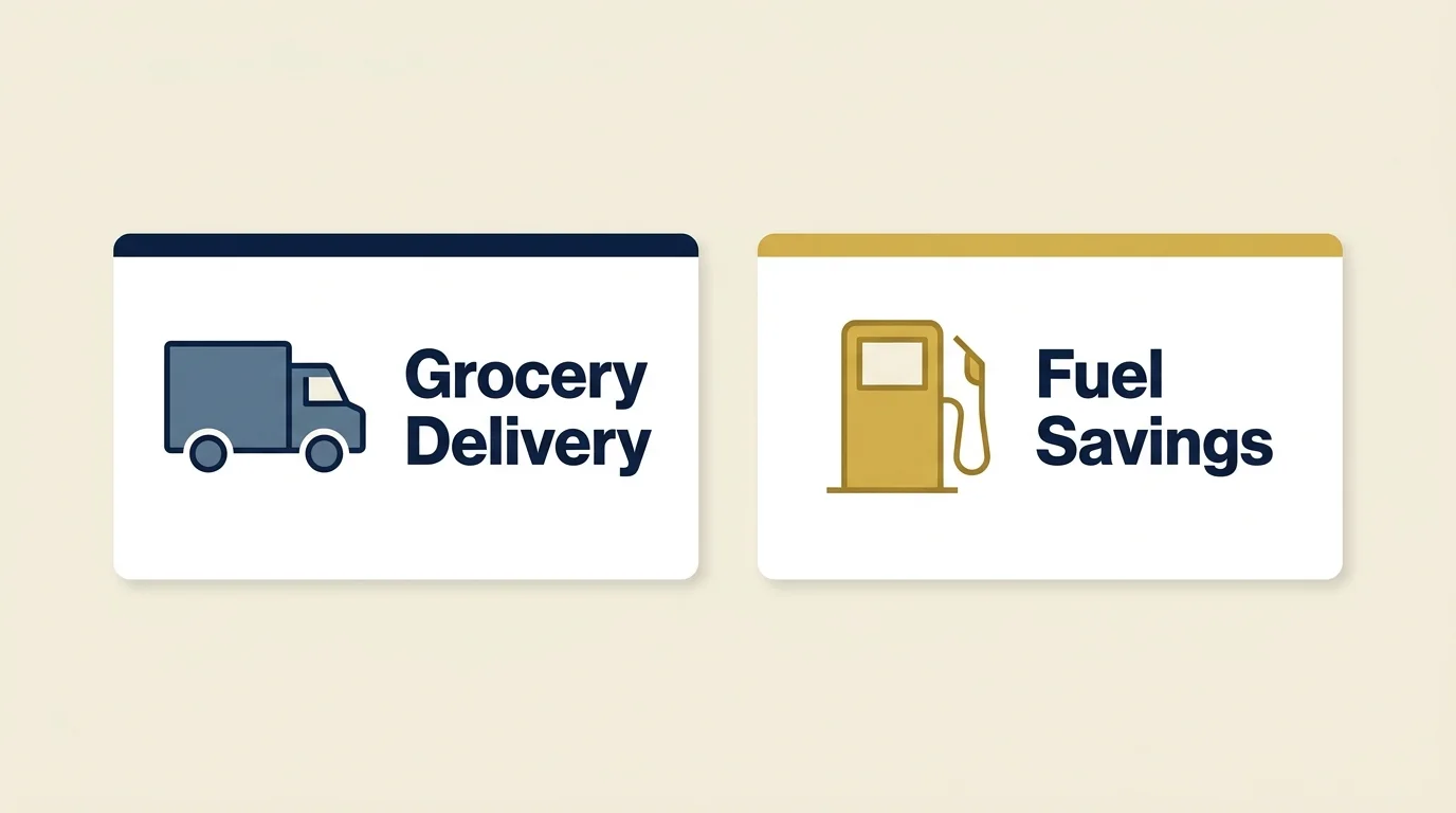 An infographic with two horizontal cards comparing Grocery Delivery and Fuel Savings with clean modern icons.
