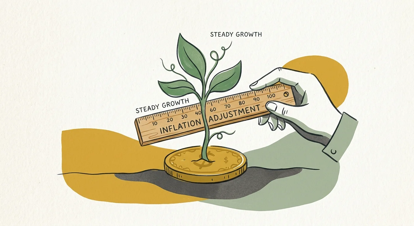 An ink and gouache illustration of a wooden ruler measuring a green sprout growing from a coin, symbolizing inflation adjustments.