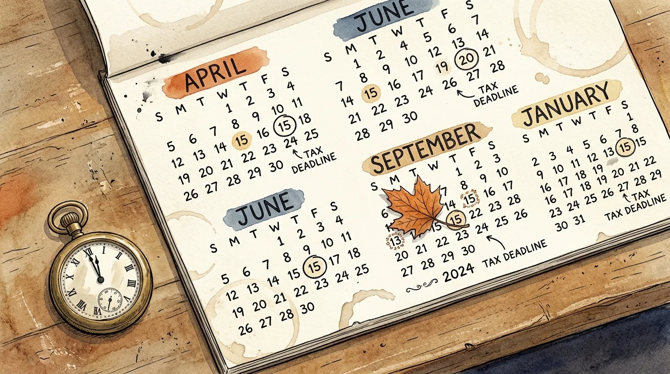 An ink and watercolor drawing of a calendar with quarterly tax months circled, next to a classic pocket watch.