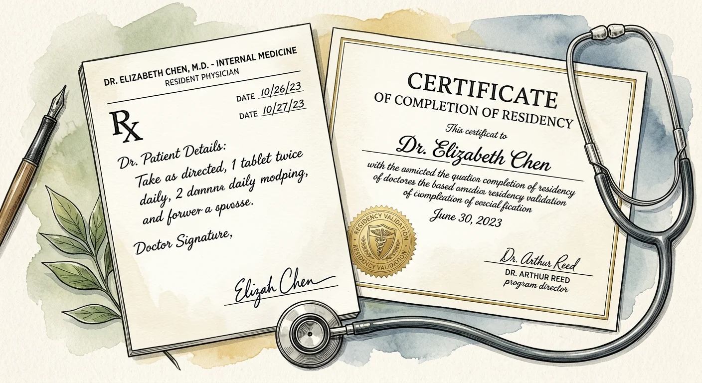 An ink and watercolor drawing of a signed prescription pad, a stethoscope, and an official document with an embossed seal.
