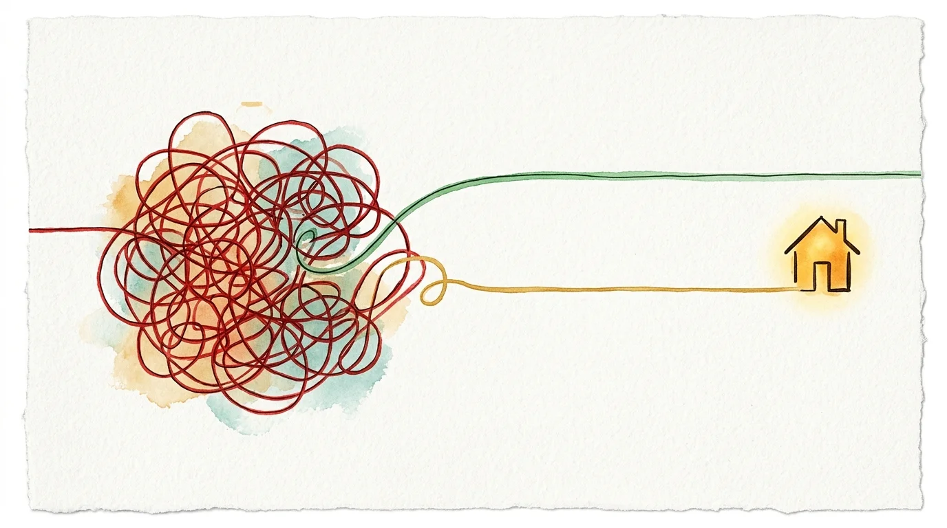 An ink and watercolor drawing showing a tangled red knot of bureaucracy being unraveled into a straight golden line leading to a house.