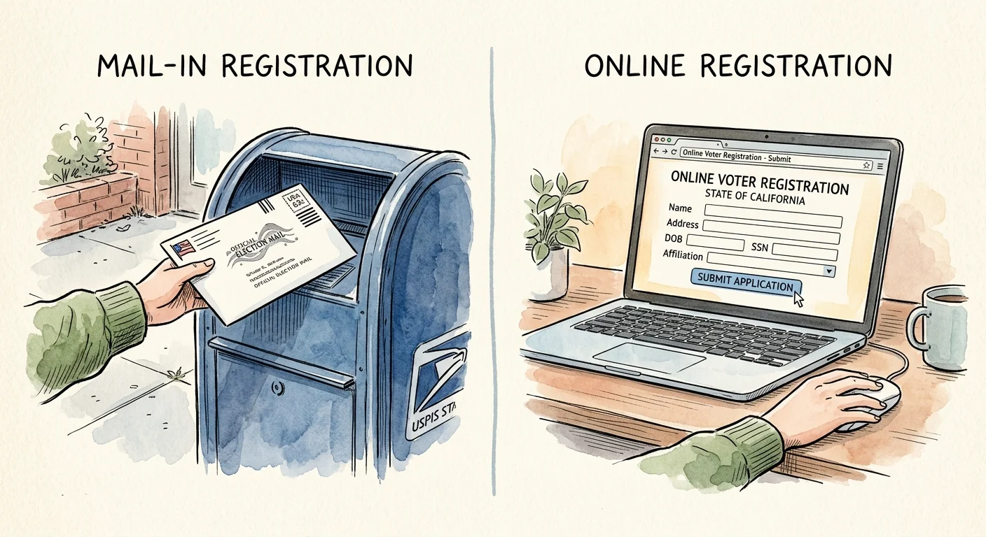An ink and watercolor drawing showing mail-in voter registration on one side, and online registration on the other.