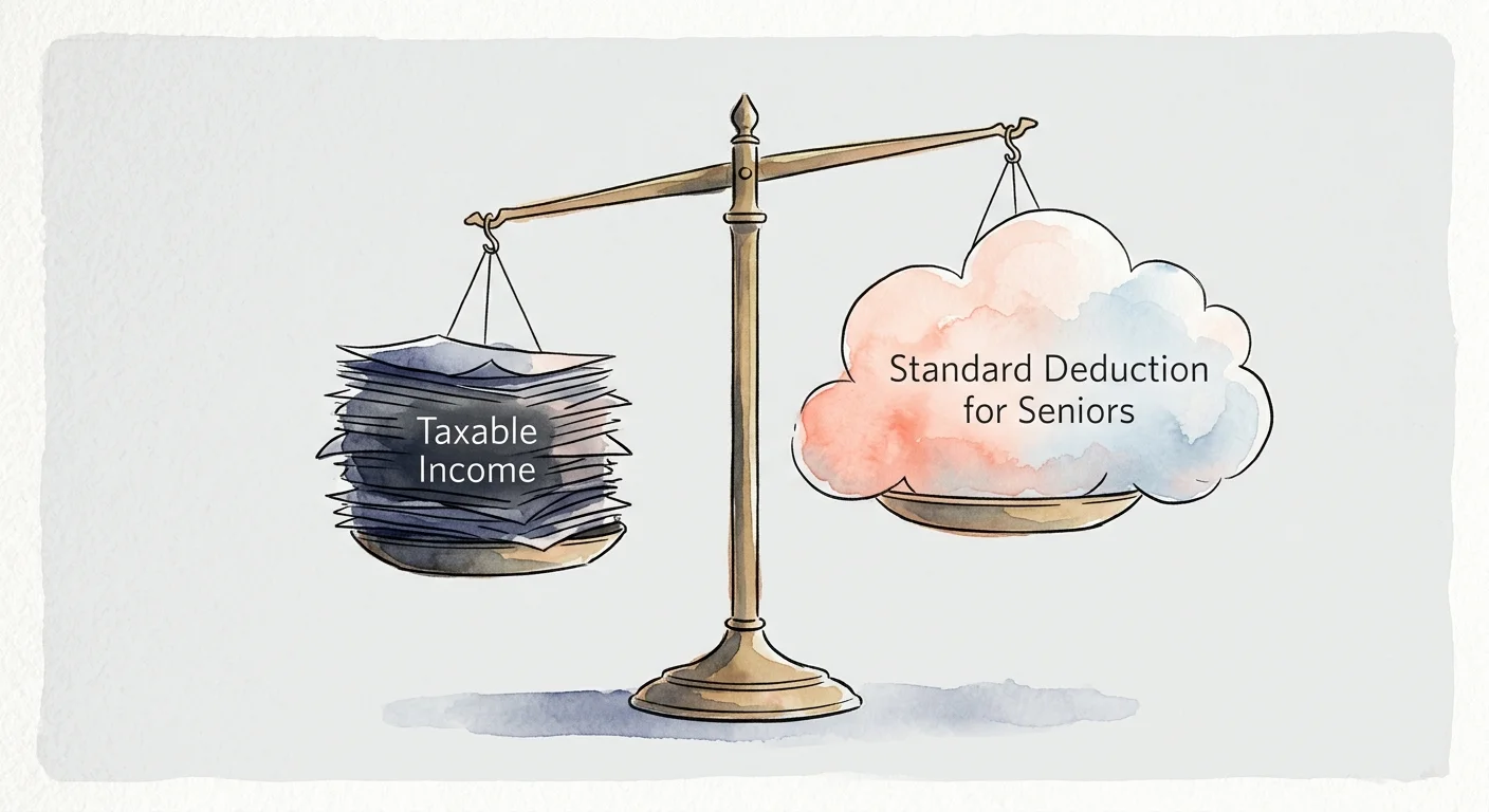 An ink and watercolor illustration of a balance scale showing the standard senior deduction offsetting taxable income.