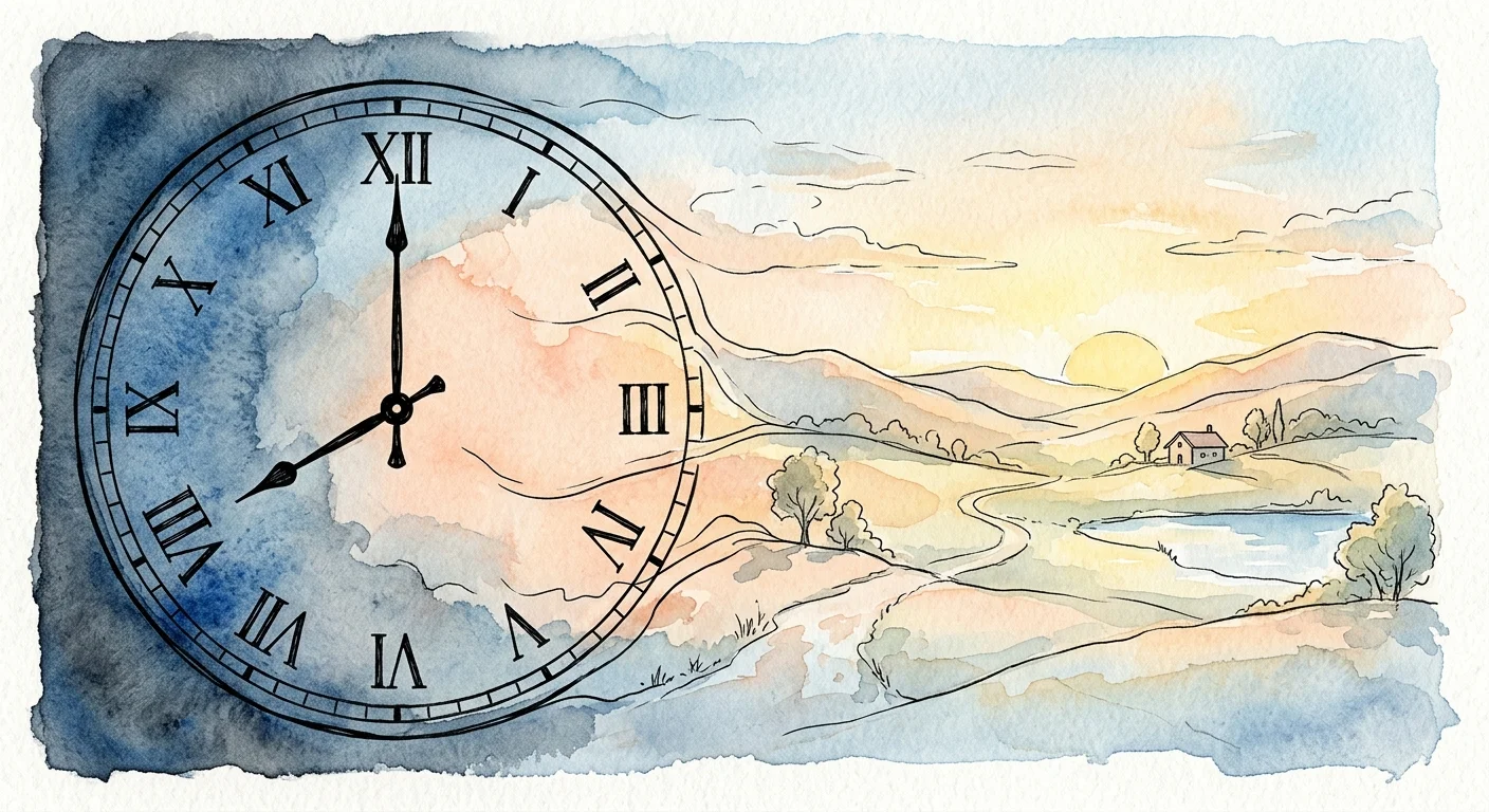 An ink and watercolor illustration of a clock pointing to 8:00 AM merging with a peaceful, soft peach and yellow sunrise landscape.