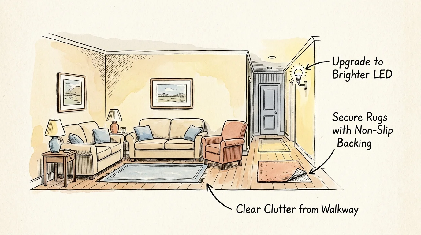 An ink and watercolor illustration of a living room showing simple DIY safety adjustments like securing rugs and brightening lights.