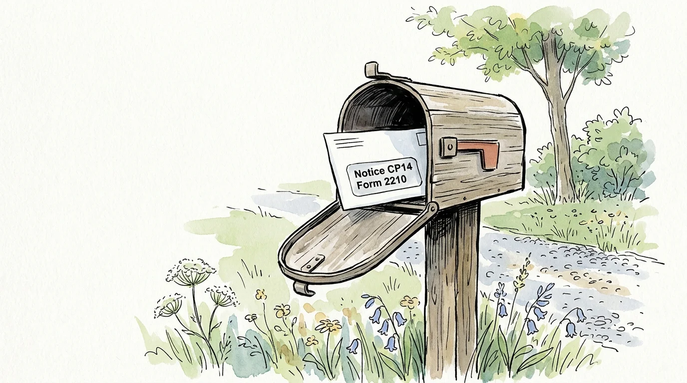 An ink and watercolor illustration of a mailbox containing an official window envelope marked with Notice CP14.