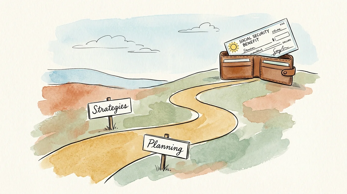 An ink and watercolor illustration of a path with signposts leading toward a secure wallet holding a Social Security check.