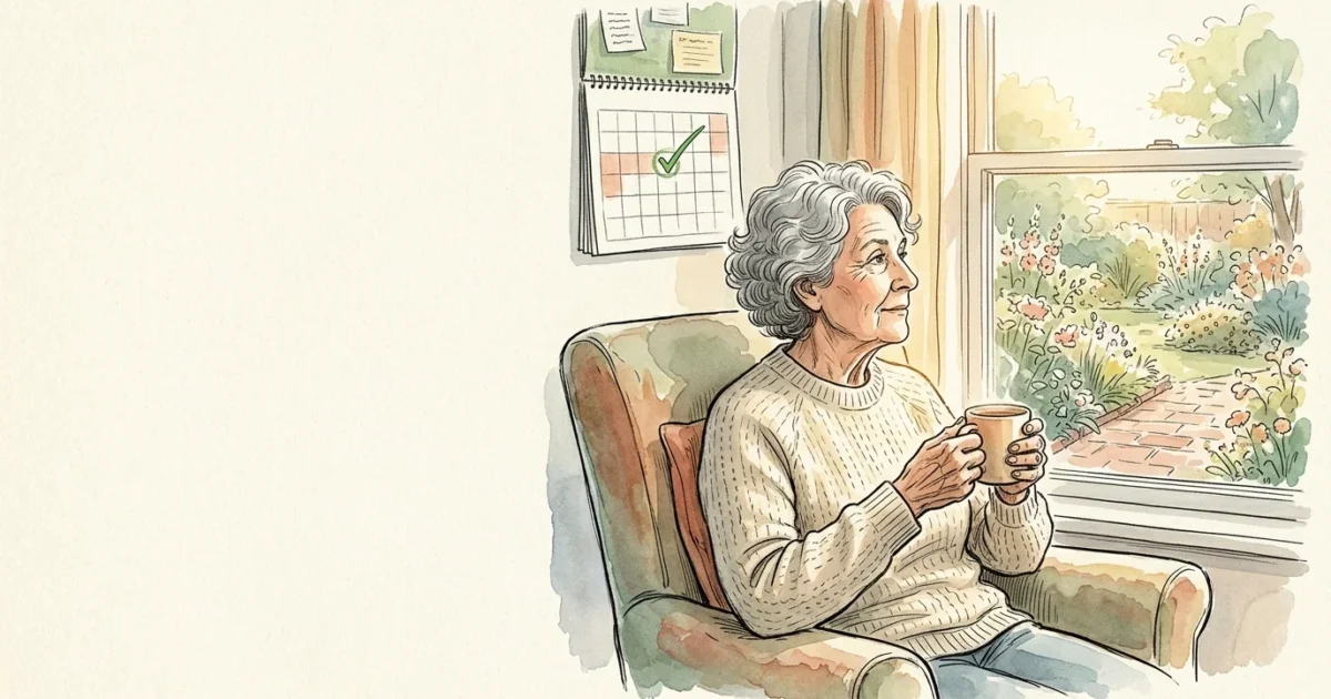 An ink and watercolor illustration of a senior woman looking out a window with a peaceful expression, holding a warm mug.