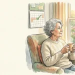 An ink and watercolor illustration of a senior woman looking out a window with a peaceful expression, holding a warm mug.