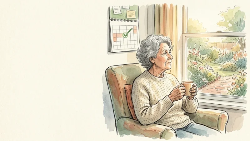 An ink and watercolor illustration of a senior woman looking out a window with a peaceful expression, holding a warm mug.