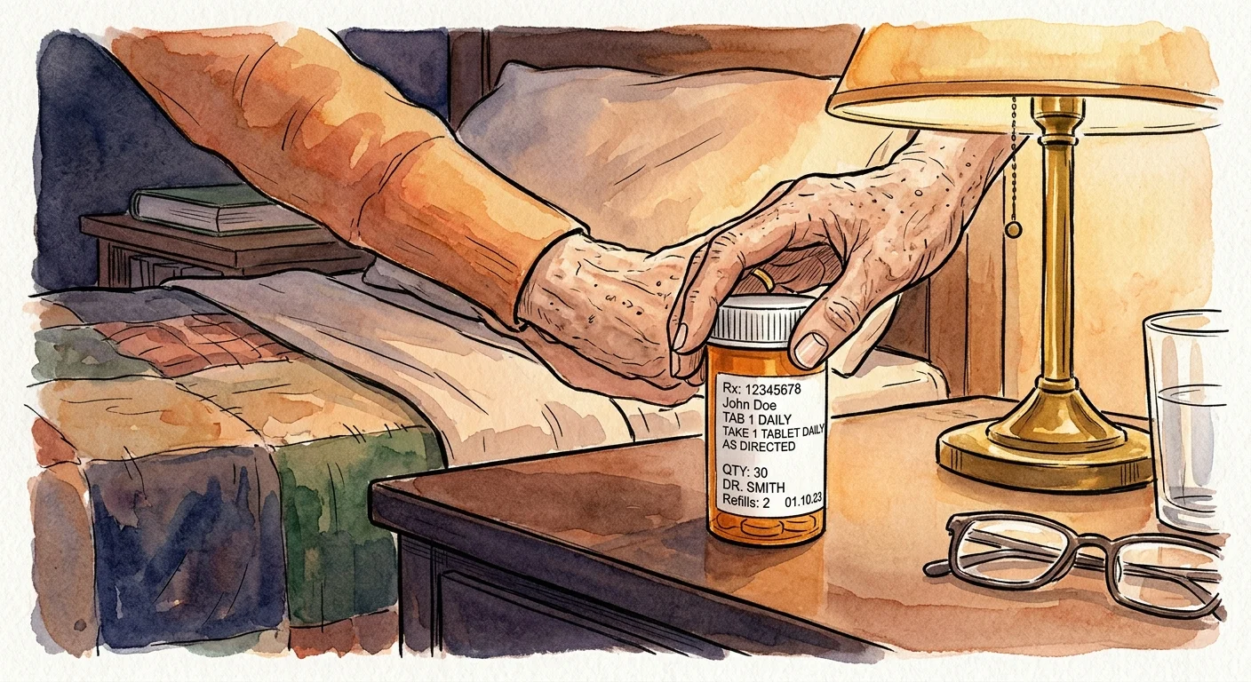 An ink and watercolor illustration of a senior's hand picking up a clearly labeled prescription bottle under a warm lamp.