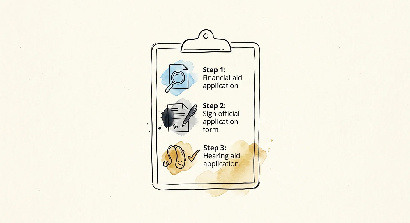 An ink and watercolor illustration of a step-by-step checklist outlining the process of applying for hearing aid assistance.