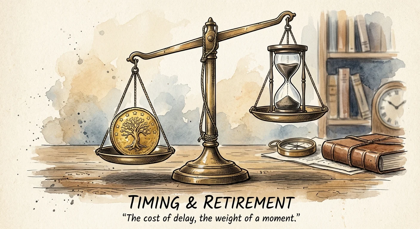 An ink and watercolor illustration of a tilted balance scale weighing an hourglass against a golden coin.