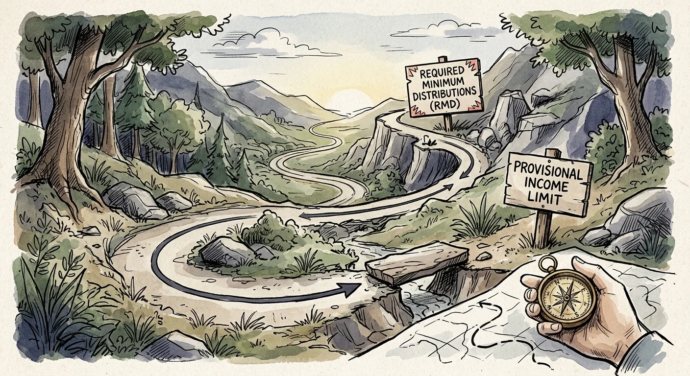 An ink and watercolor illustration of a winding path with warning signs pointing out retirement tax pitfalls.