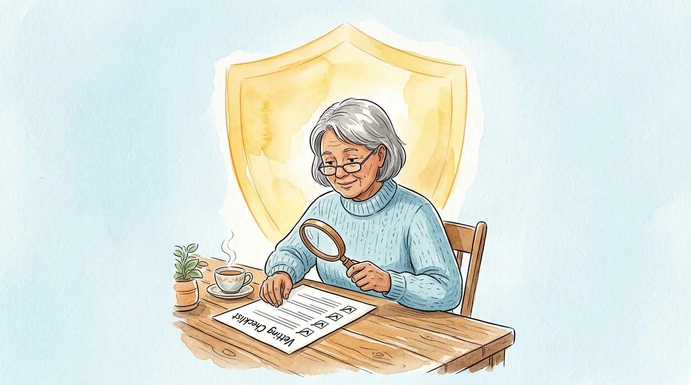 An ink and watercolor illustration of an older adult reviewing a checklist under a protective golden watercolor shield.