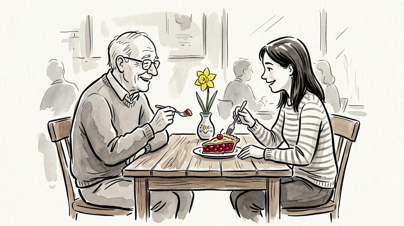 An ink and watercolor illustration of an older man and a young volunteer sharing a slice of pie at a small table with a yellow flower.