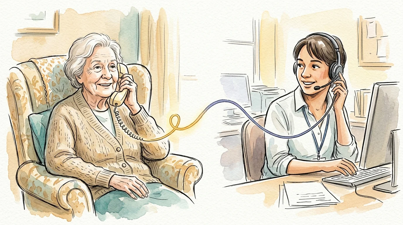 An ink and watercolor illustration of an older woman talking on the phone with a volunteer, connected by a warm, glowing yellow line.