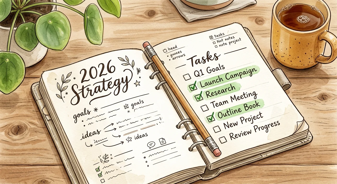 An ink and watercolor illustration of an open notebook with a checklist titled '2026 Strategy' and a pencil.