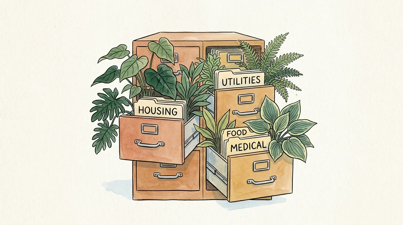 An ink and watercolor illustration of an open wooden filing cabinet with plants and folders labeled housing, utilities, and food.