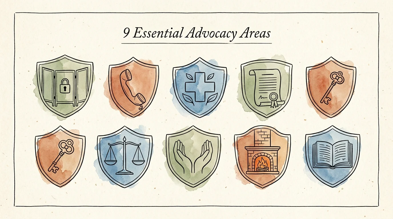 An ink and watercolor illustration of nine protective shields with icons representing areas of senior advocacy.