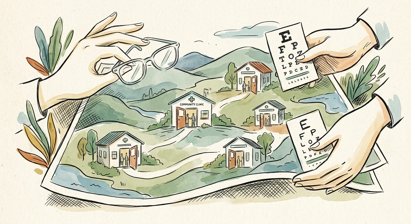 An ink and watercolor illustration of stylized hands holding glasses over a gentle landscape map with community clinics.