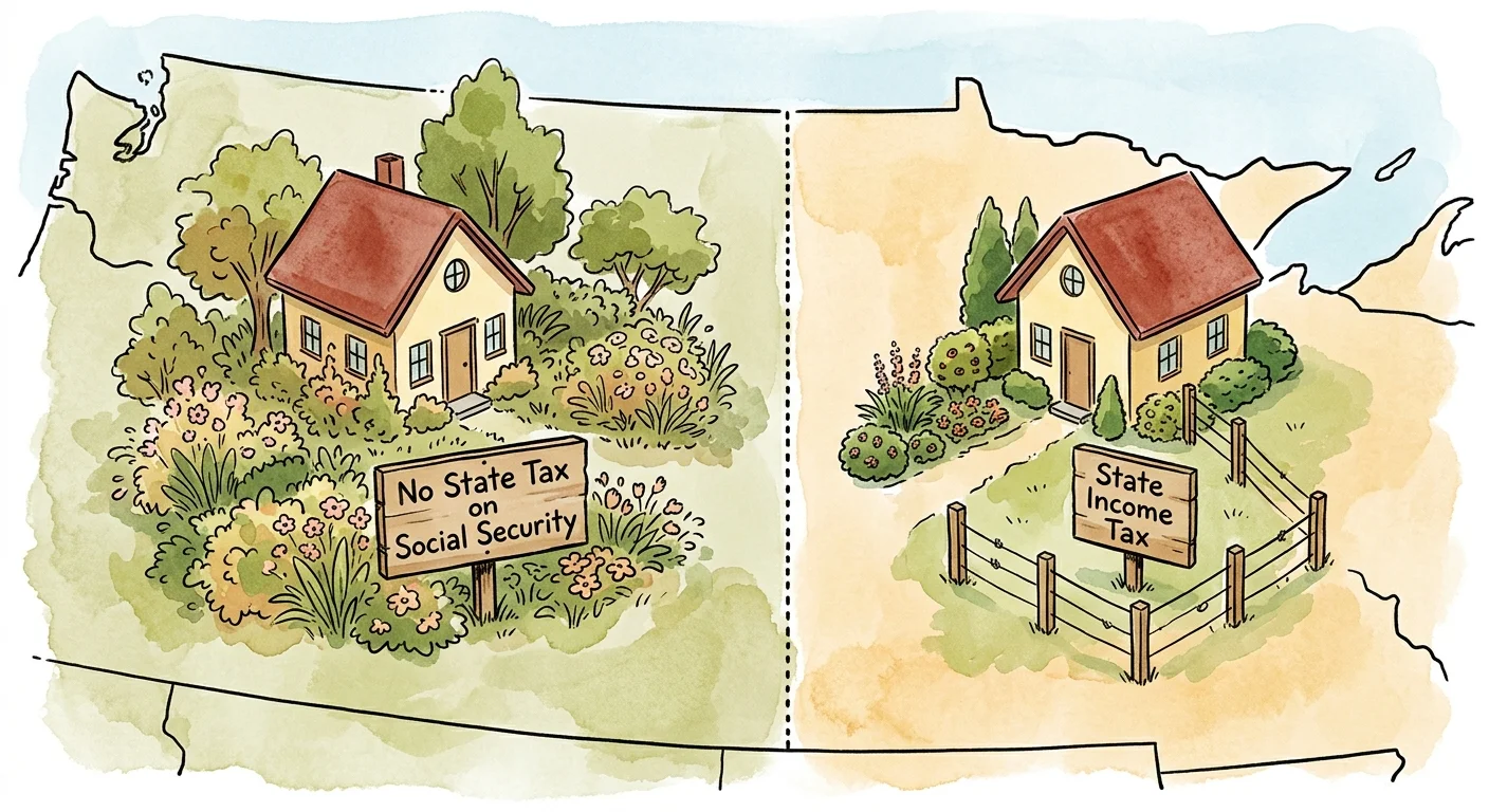 An ink and watercolor illustration of two houses across a state border, showing how state taxes affect retirement funds.