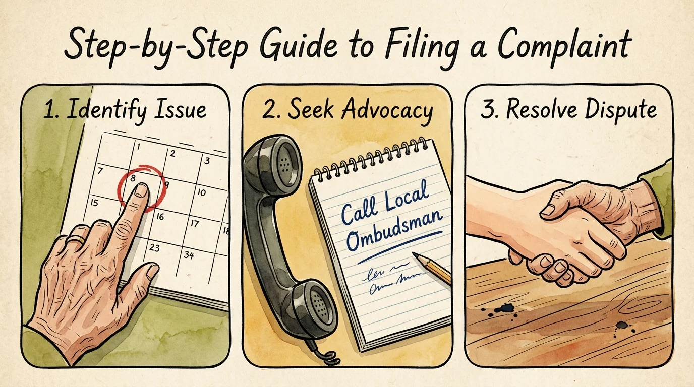 An ink and watercolor illustration showing a three-step horizontal guide to filing a complaint and seeking help.