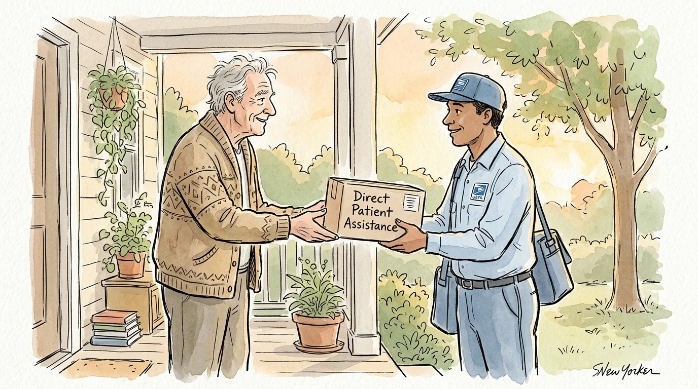 An ink and watercolor sketch of an older man receiving a direct shipment package of medications from a mail carrier on his front porch.