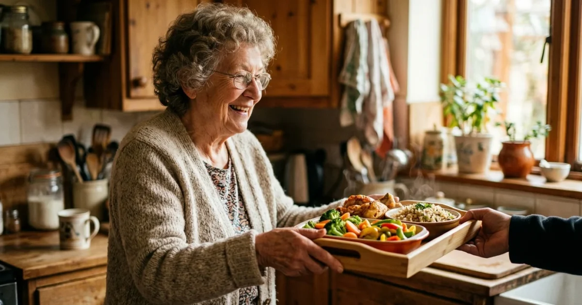 An older adult in a cozy kitchen receives a fresh, warm, nutritious meal, captured in soft golden sunlight.