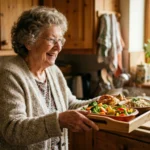 An older adult in a cozy kitchen receives a fresh, warm, nutritious meal, captured in soft golden sunlight.