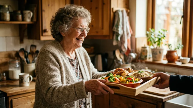 An older adult in a cozy kitchen receives a fresh, warm, nutritious meal, captured in soft golden sunlight.