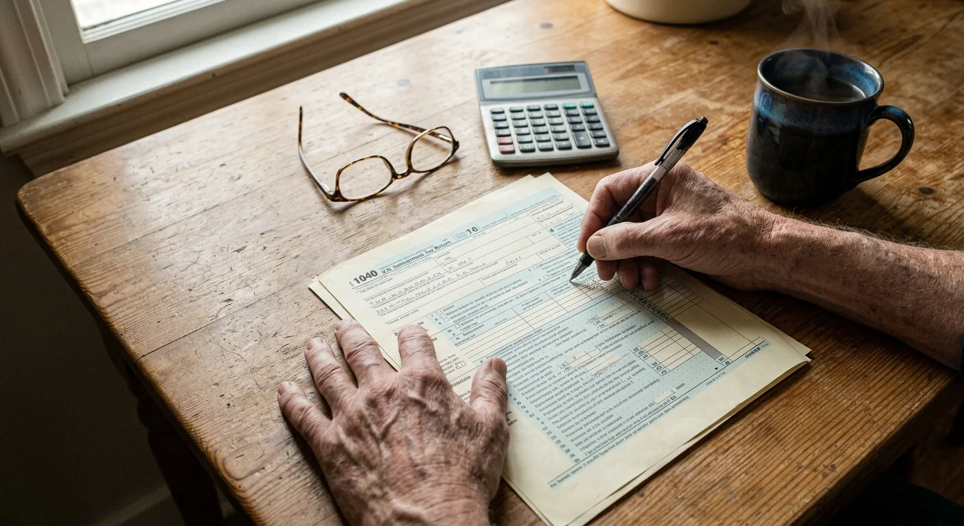 An older adult's hands filling out a printed tax application form at a wooden kitchen table.